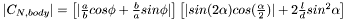 $ |C_{N, body}| = \left[|\frac{a}{b} cos \phi + \frac{b}{a} sin \phi |\right] \left[| sin ( 2\alpha ) cos ( \frac{\alpha}{2} ) | + 2 \frac{l}{d} sin^2 \alpha \right] $